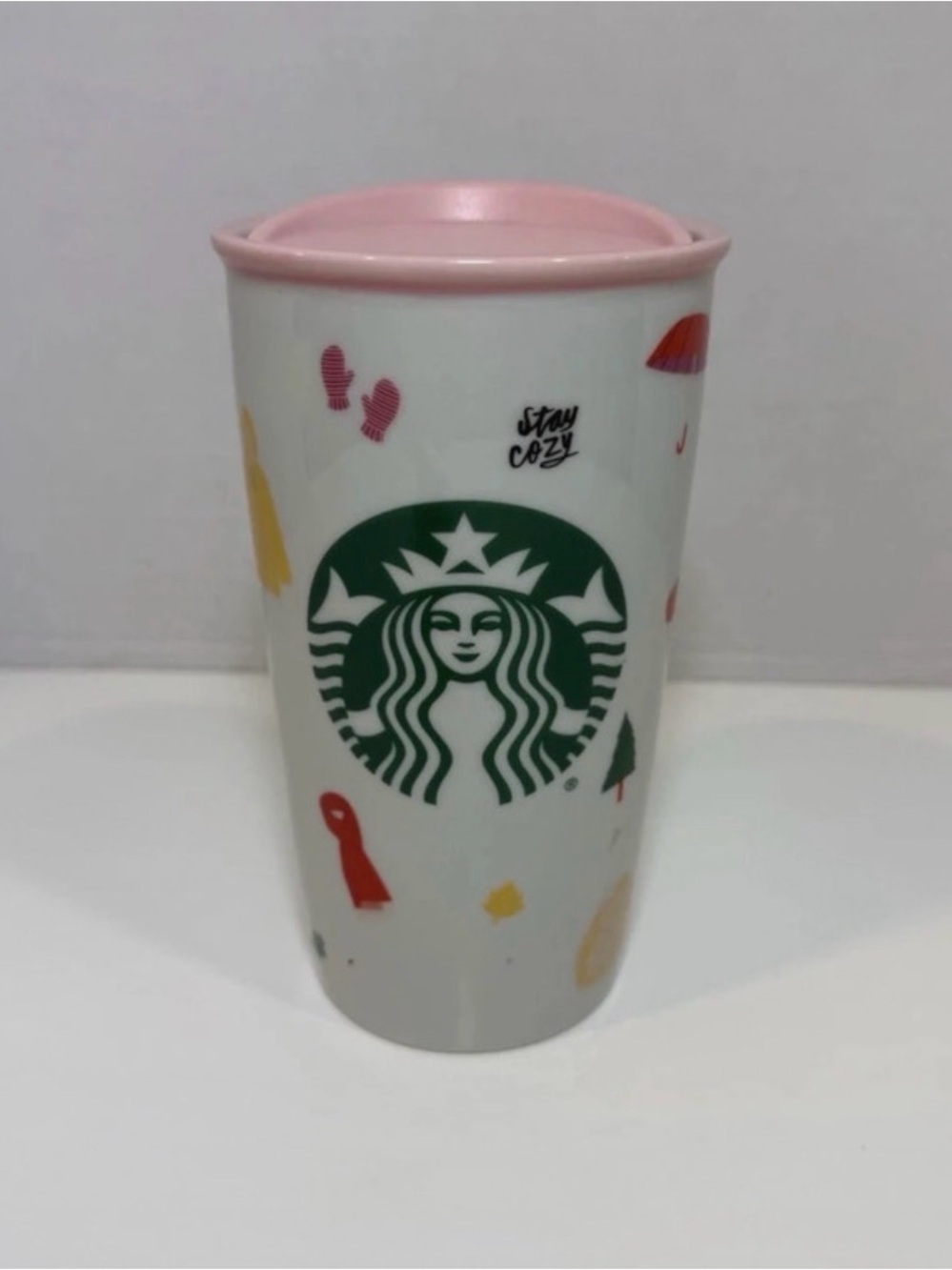 Starbucks White Ceramic Tumbler with Pink Lid and Green Logo